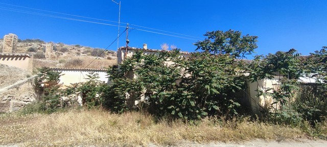 Cave house surrounded by trees in La Alqueria, Granada, with hillside views and clear blue sky.