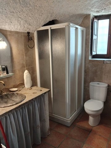 Charming cave house bathroom in Cantarranas, Granada with shower, toilet, and rustic decor.