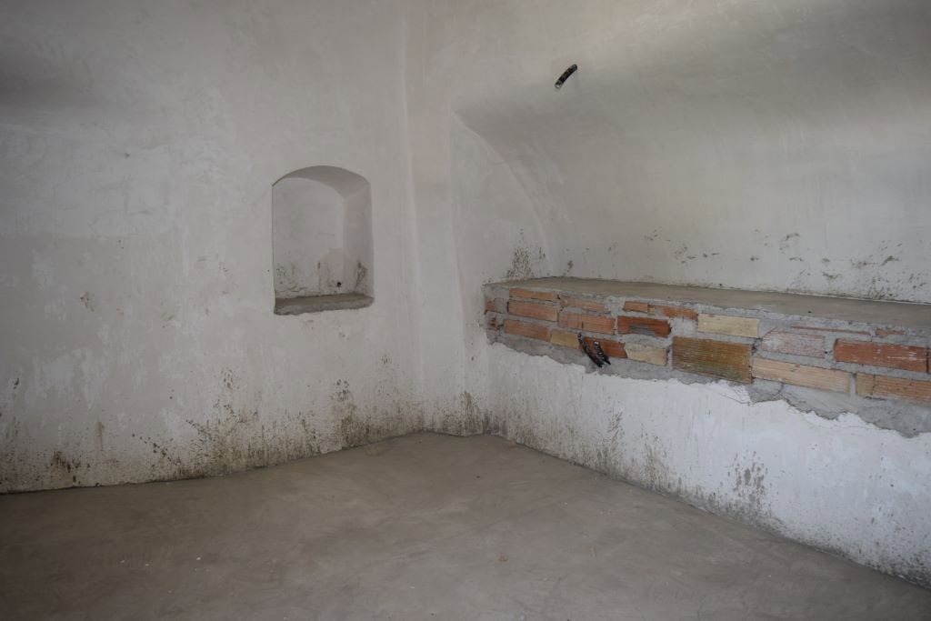 Interior of a rustic cave house in Caniles, Granada with white walls and brick accents.