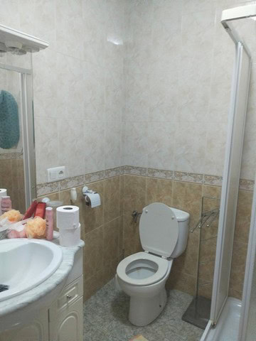 Bathroom with toilet, sink, and shower in Hijate, Almeria villa.