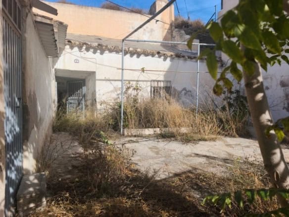 Cave house in Baza, Granada with overgrown yard and rustic exterior. Ideal for renovation or unique.