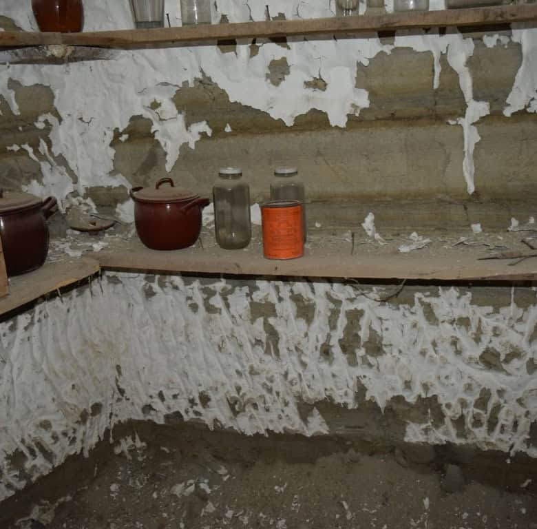 Interior view of a cave house in Benamaurel, Granada, showing rustic walls and simple storage.
