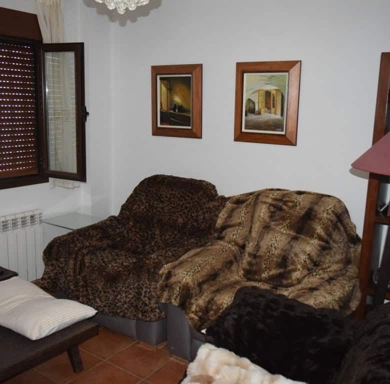 Cave house interior with cozy seating and wooden framed artwork in Freila, Granada.