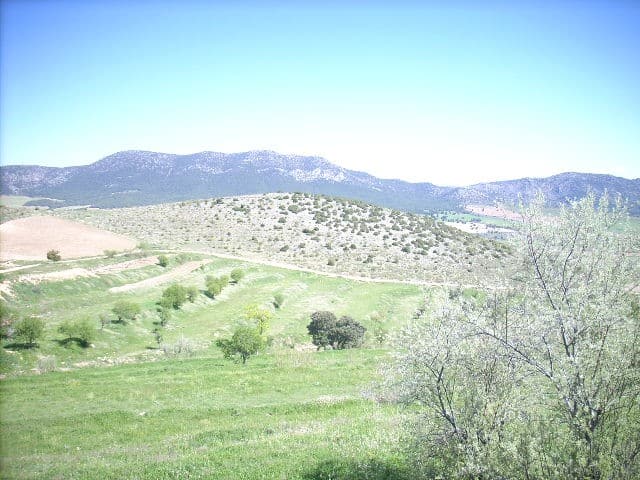 Finca in Huescar, Granada with lush green fields and scenic mountain views.