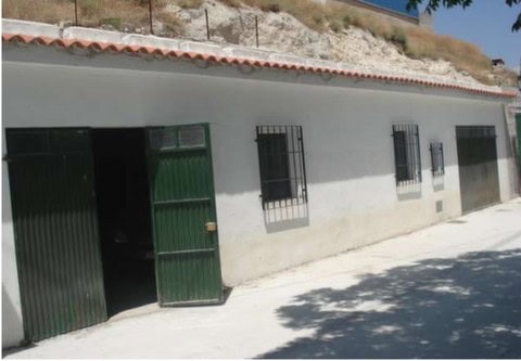 Cave house in Orce, Granada with white walls and green doors, set against a hillside.