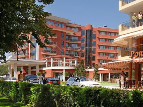 Furnished studio with balcony near Vigo Beach in Nessebar, Bulgaria. Modern building with outdoor se.