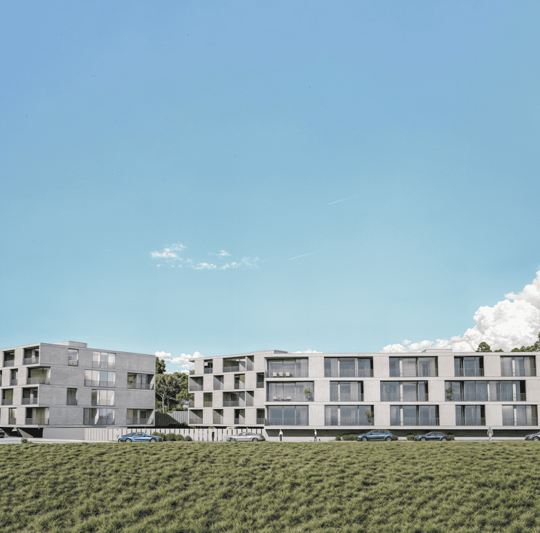 Contemporary apartment complex in Viana do Castelo, Portugal, with spacious balconies and lush surro.