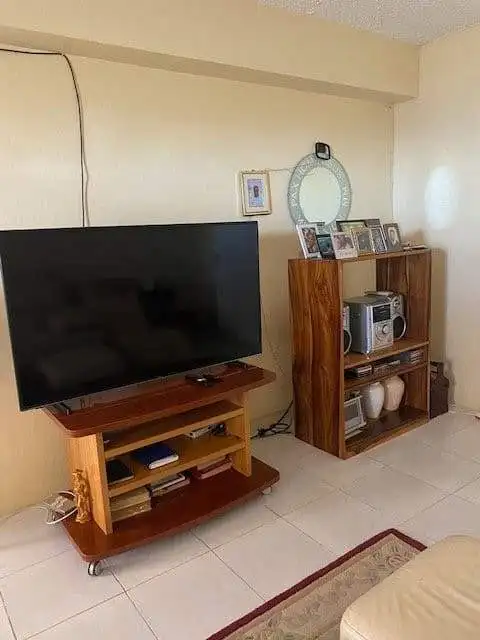 Spacious living room with modern TV and wooden shelving unit in a luxurious Portland estate.