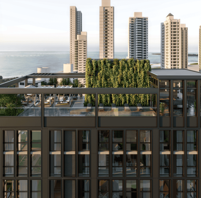 Modern high-rise building with rooftop garden in Coco del Mar, Panama City.