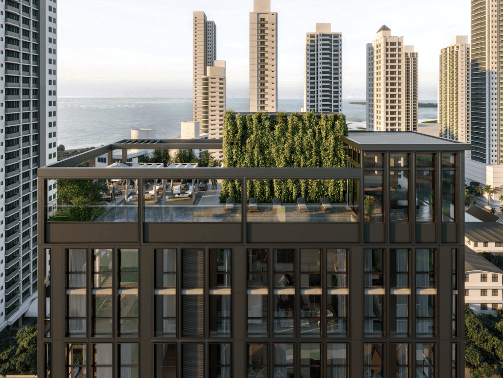 Modern high-rise building with rooftop garden in Coco del Mar, Panama City.