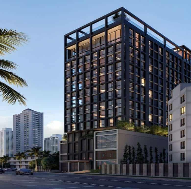 High-rise residential building in Coco del Mar, Panama City, with modern architecture and city views.