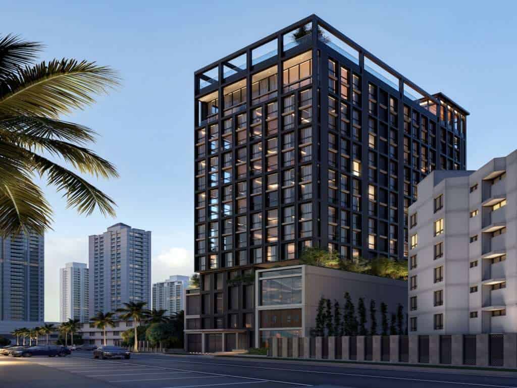 High-rise residential building in Coco del Mar, Panama City, with modern architecture and city views.