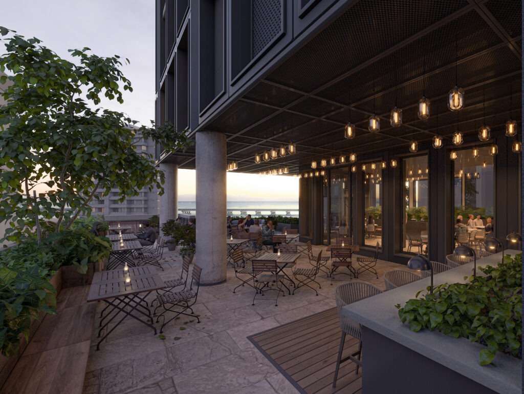 Panama City rooftop terrace featuring outdoor seating, modern design, and warm ambient lighting.