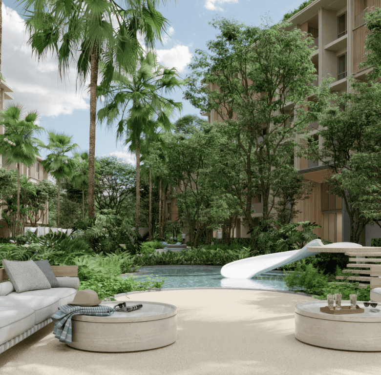 Luxury Phuket property with lush gardens and pool area.