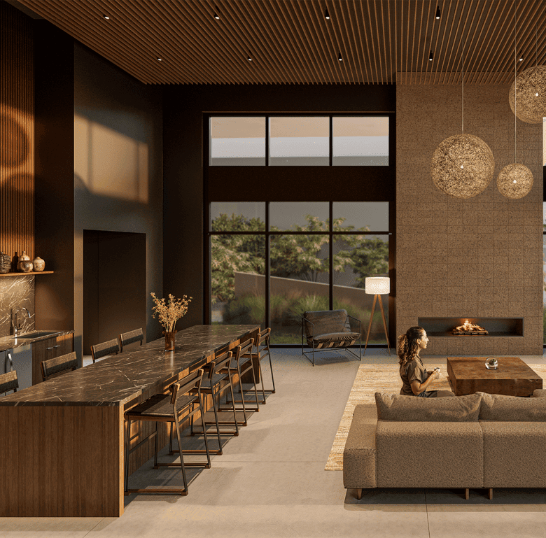 Stylish modern living room in Nashville with high ceilings and large windows.