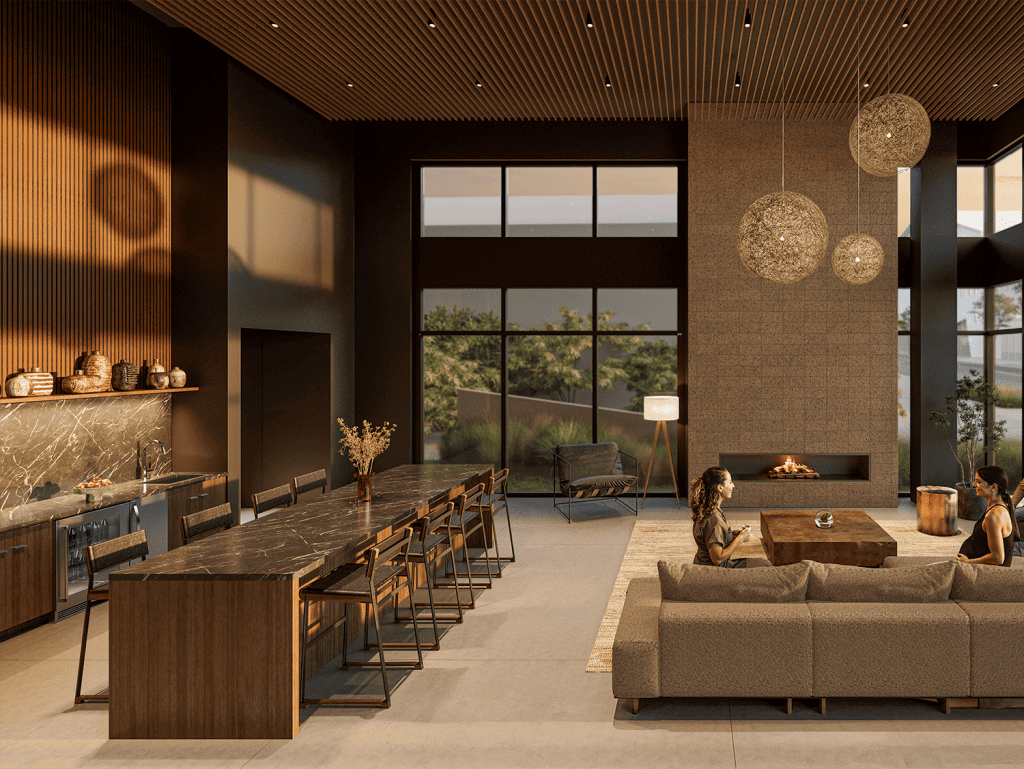 Stylish modern living room in Nashville with high ceilings and large windows.