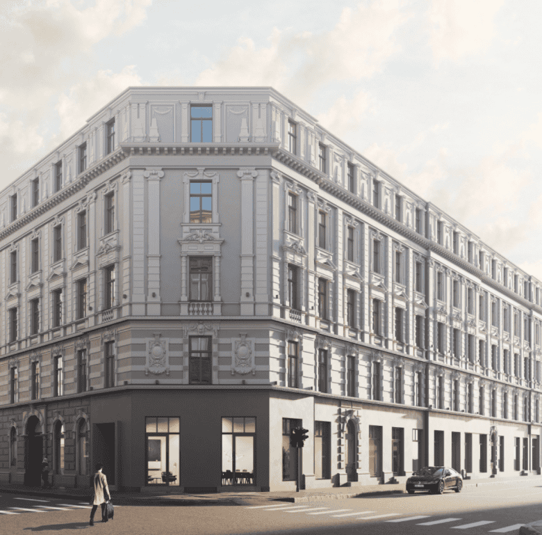 Beautiful historic building in Riga, Latvia, available for purchase. Prime location with classic arc.