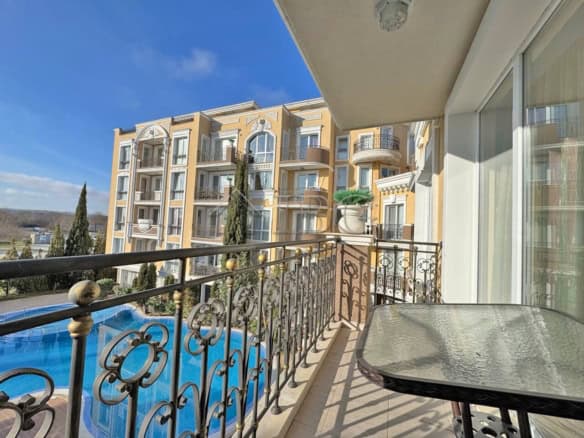 Pool view from a 2-bedroom apartment balcony at Messembria Palace, Sunny Beach.