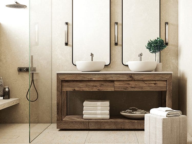 Elegant bathroom featuring dual vessel sinks, large mirror, and wooden vanity in Vale do Milho, Carv.