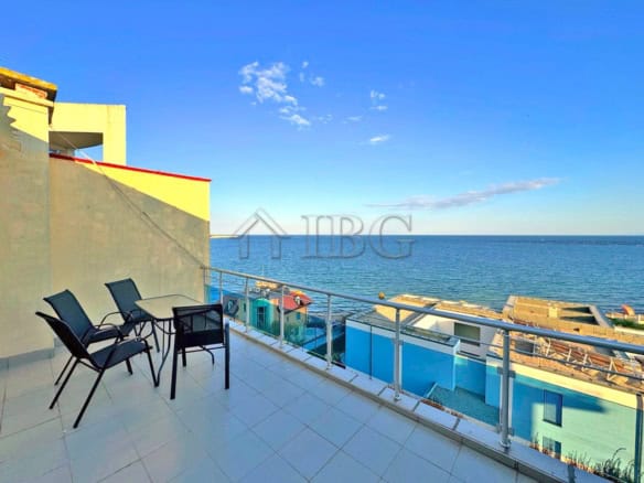Sea view balcony with outdoor seating in Ravda Oasis complex, Bulgaria. Perfect for relaxing and enj.
