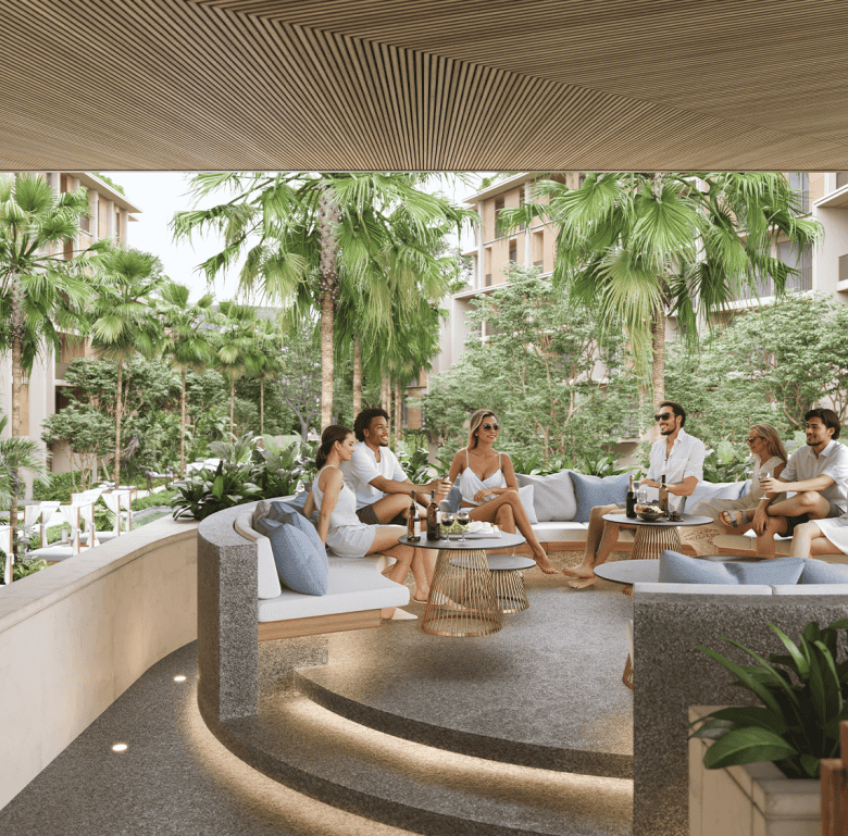 Phuket terrace lounge with tropical garden views and outdoor seating area.