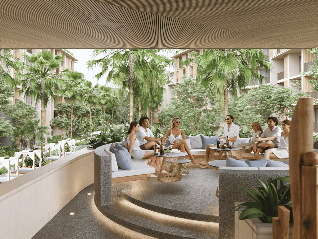 Phuket terrace lounge with tropical garden views and outdoor seating area.