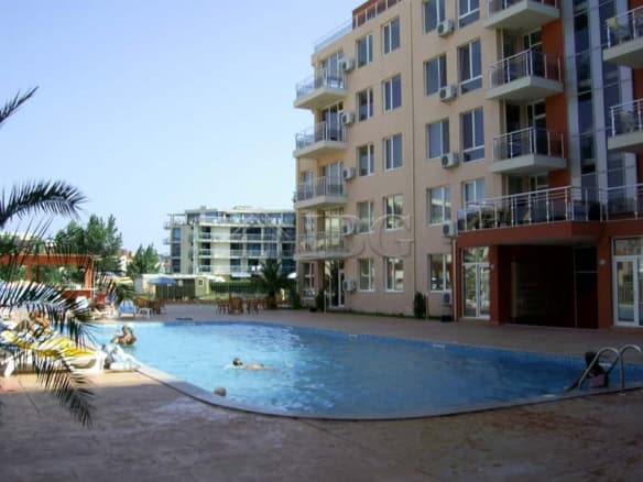 Apartment building with pool at Balkan Breeze 2, Sunny Beach, Bulgaria.