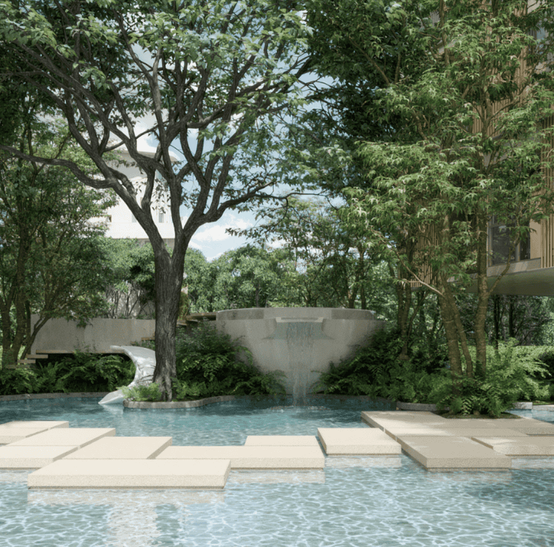 Luxury Phuket pool with water fountain and lush greenery, perfect for relaxation.