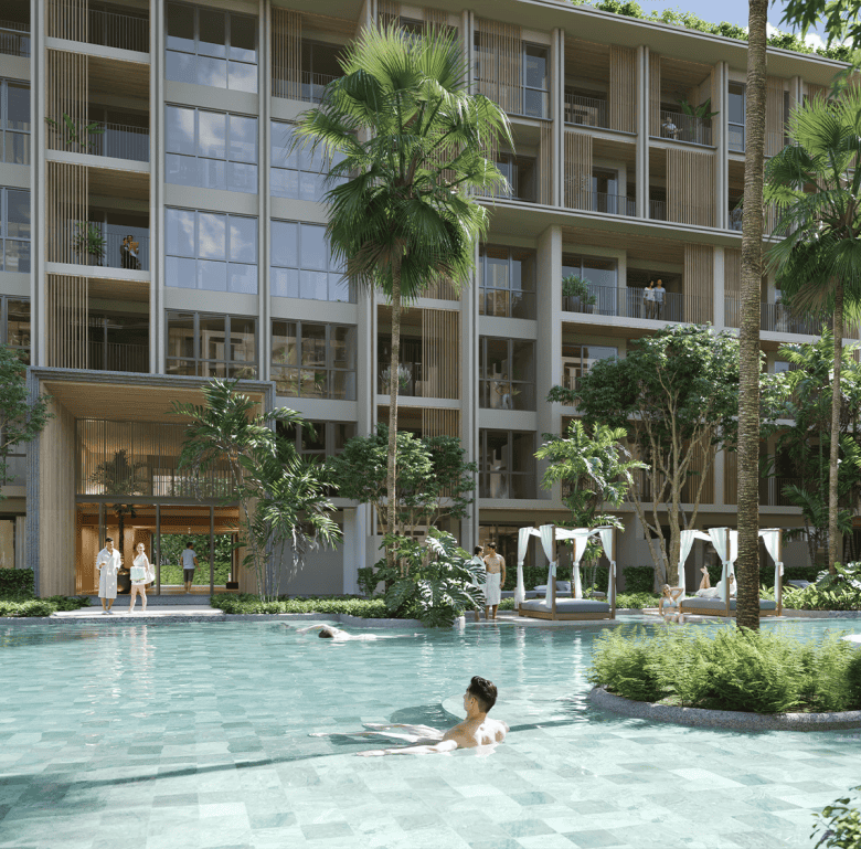 Modern Phuket apartment with pool and lush garden views.