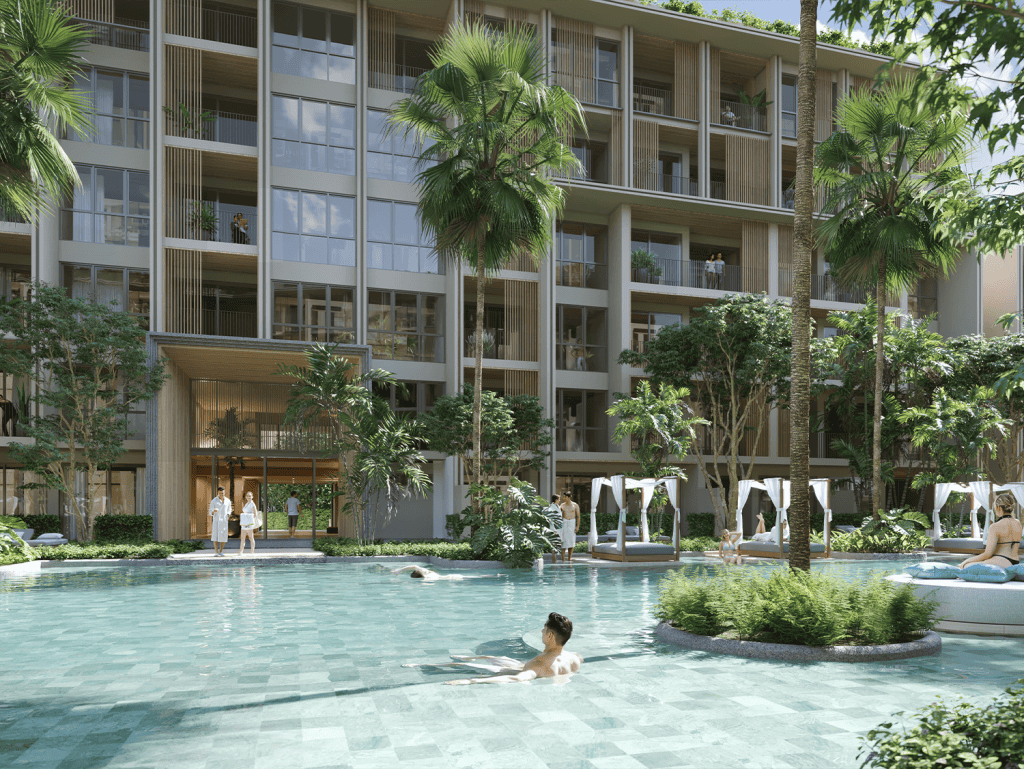 Modern Phuket apartment with pool and lush garden views.