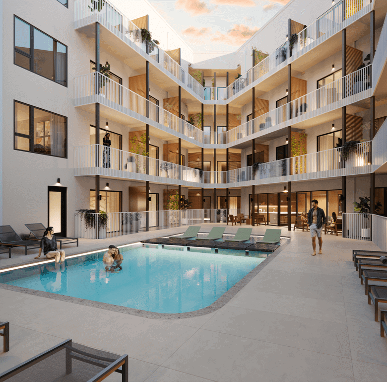 Modern apartment complex in Nashville with pool and outdoor amenities.