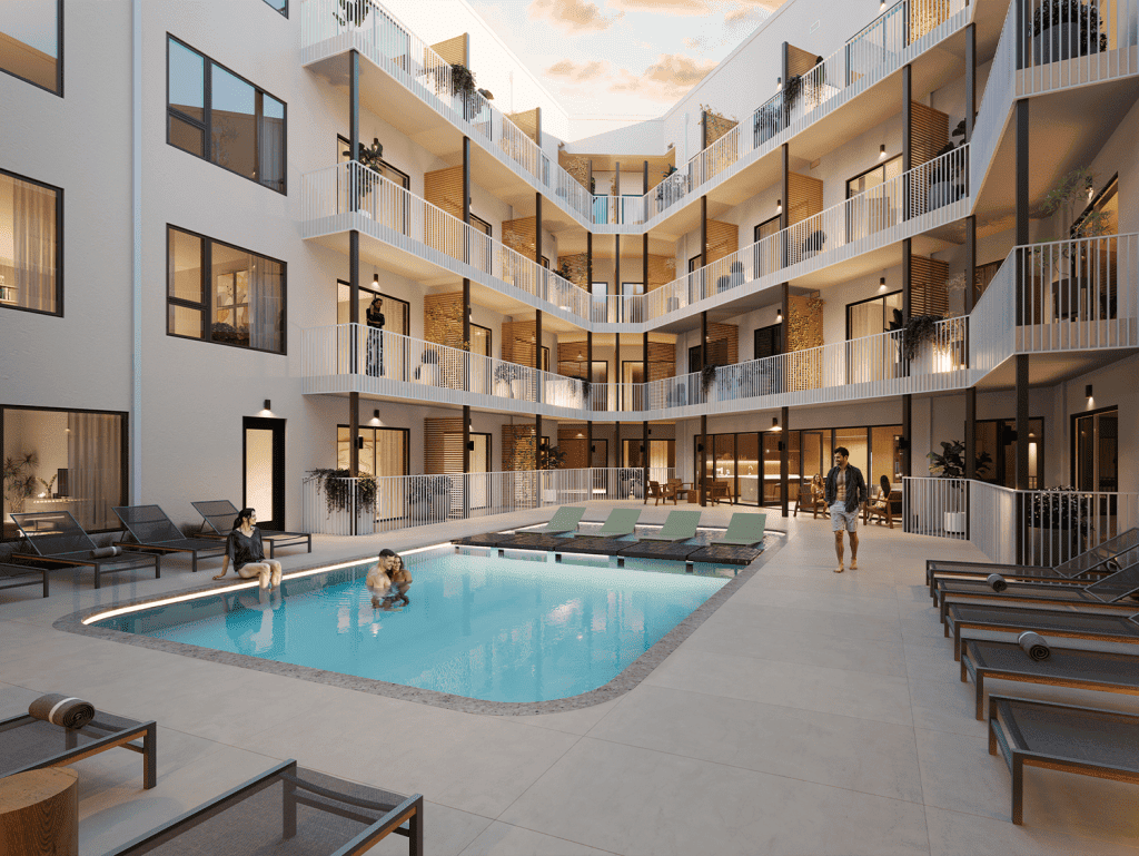 Modern apartment complex in Nashville with pool and outdoor amenities.