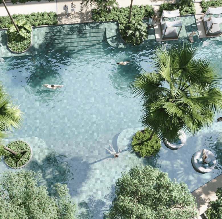 Luxury pool with lush greenery at Sudara Phuket, Thailand. Perfect for relaxation and enjoying tropi.
