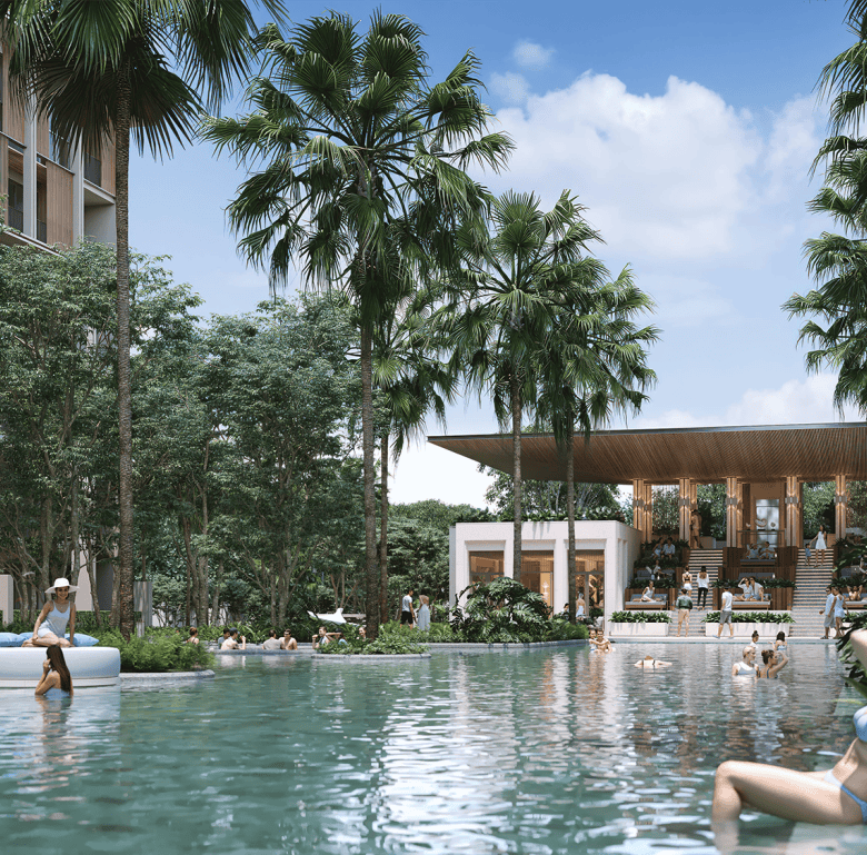 Poolside view at Sudara Phuket resort with palm trees and relaxing guests.