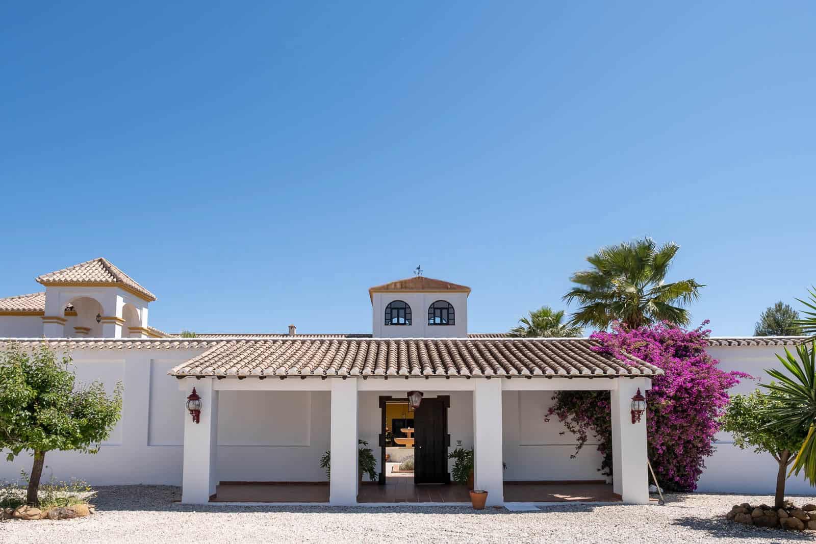Luxury Spanish villa with garden, palm trees, and vibrant bougainvillaea under a clear blue sky.