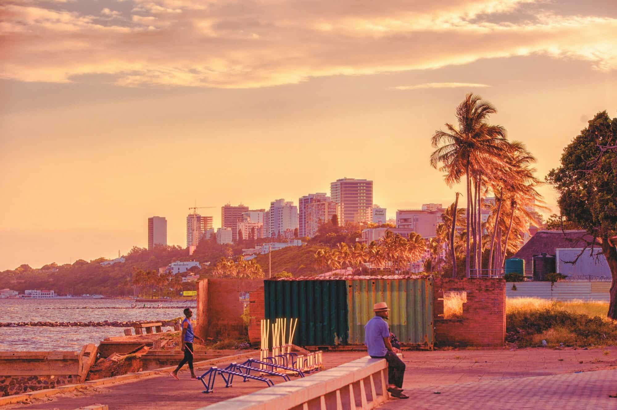 Tropical coastal cityscape with palm trees, high-rise buildings, and a serene sunset sky.