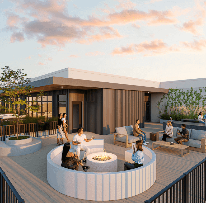 Rooftop lounge in Nashville featuring fire pits, modern seating, and city views, perfect for relaxin.