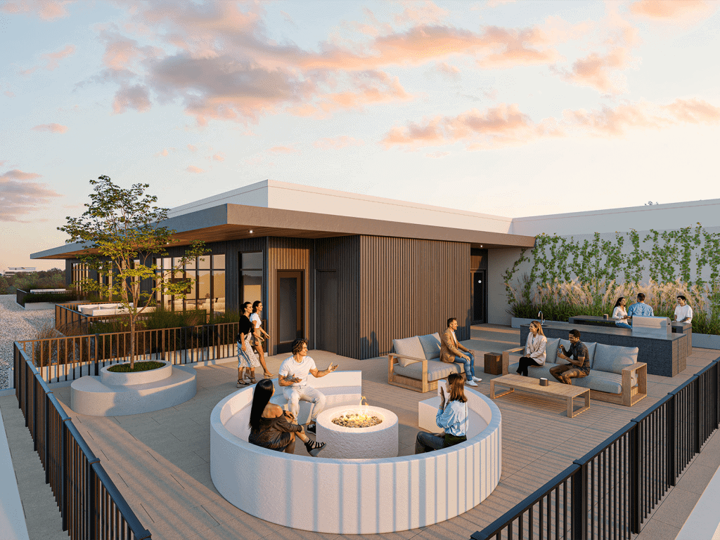 Rooftop lounge in Nashville featuring fire pits, modern seating, and city views, perfect for relaxin.
