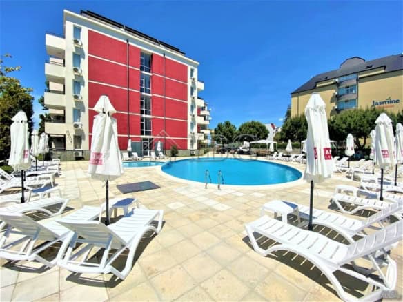 Furnished studio for sale in Rose Residence Sunny Beach with pool view and modern amenities. Perfect.