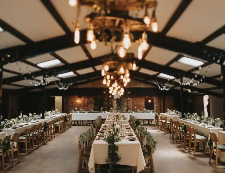 Interior of a luxurious banquet hall with long tables, elegant lighting, and sophisticated decor.