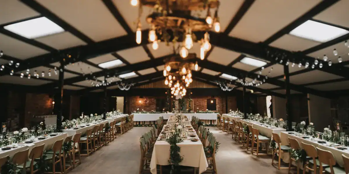 Elegant banquet hall with long dining tables and chandeliers Interior of a luxurious banquet hall with long tables, elegant lighting, and sophisticated decor.