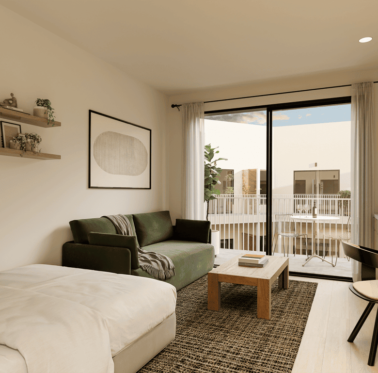 Bright living room in Nashville apartment with balcony and modern decor.