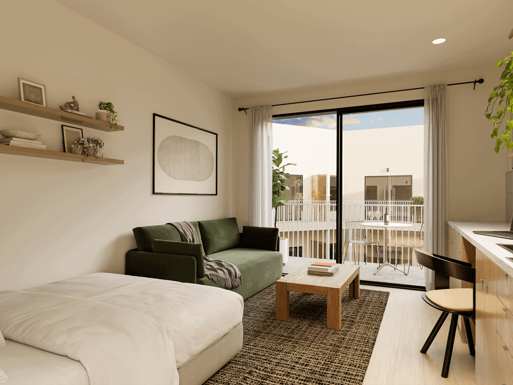 Bright living room in Nashville apartment with balcony and modern decor.