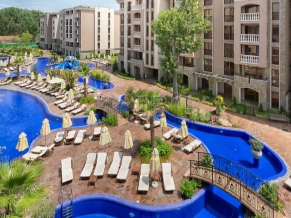 Beautiful swimming pools and sun loungers at Cascadas Family Resort, Sunny Beach, Bulgaria.
