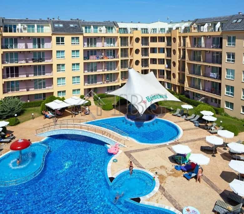 Modern apartment overlooking pool at Pollo Resort in Sunny Beach, Bulgaria.