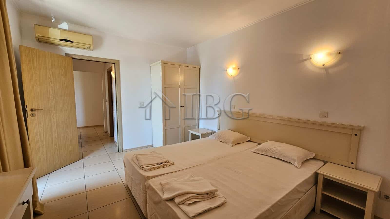Bright bedroom in Tria Apartments with no maintenance fee in Sunny Beach.