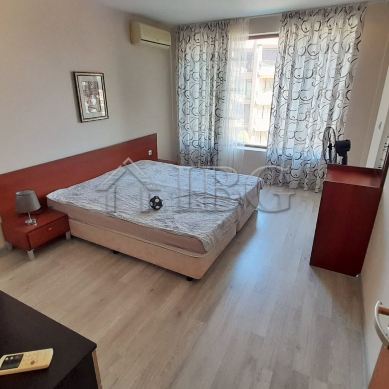 Bright bedroom in renovated apartment with pool view in Sea Grace Complex, Sunny Beach.