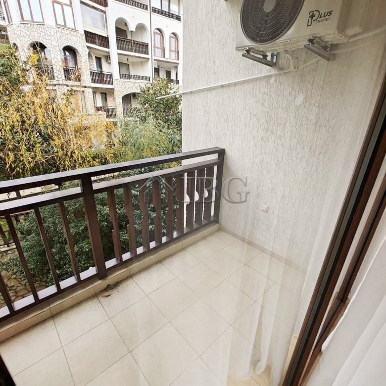 Balcony overlooking the sea with outdoor air conditioning unit in Sveti Vlas, Bulgaria. Perfect for.