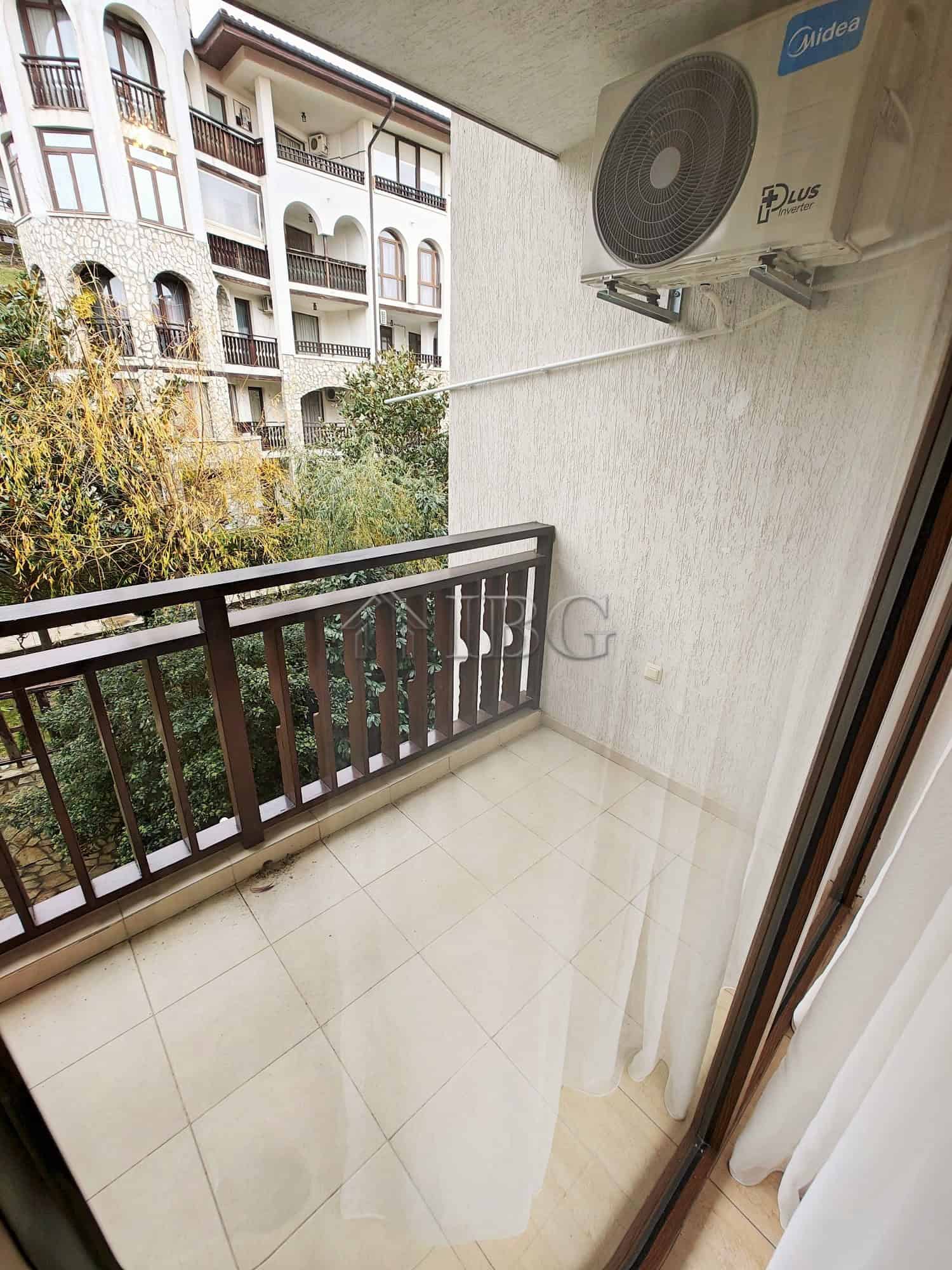 Balcony overlooking the sea with outdoor air conditioning unit in Sveti Vlas, Bulgaria. Perfect for.