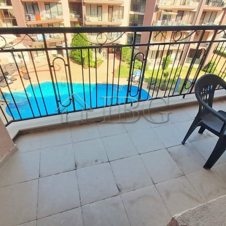 Balcony view of pool and complex in Sunny Beach, Bulgaria.